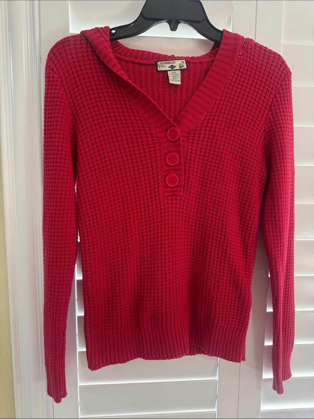 Caribbean Joe Bright Red V-Neck Waffle Knit Button sweater/hoody